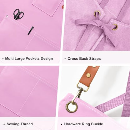 OUNLEN Chef Apron for Men Women Canvas Aprons with 3 Pockets Cross Back Resistant Work Apron for Cooking - color: Light Pink