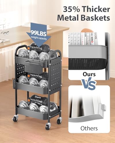 ALVOROG 3 Tier Metal Rolling Utility Cart with Pegboards,Baskets,Hooks,Gray - color: Grey