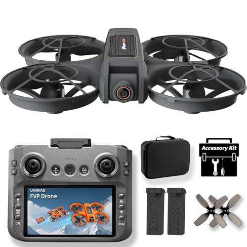 UAVRIAO 4.5" HD Screen Remote Control Drone with 2K Dual Camera & Brushless Motors, 360° Protection Safety Quadcopter, Auto Hovering, 3D Flips, Headless Mode, Follow Me, LED Light, WiFi FPV, 2 Batteries 30 Min Flight, Great Gift for Adults, Kids, Beginner