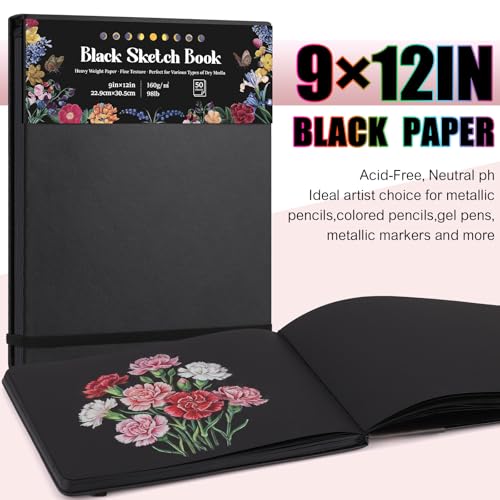 160 GSM Black Paper Sketchbook 9 × 12 in, 50 Sheets Black Paper Notebook - size: 9×12 Inch (1 Pack)