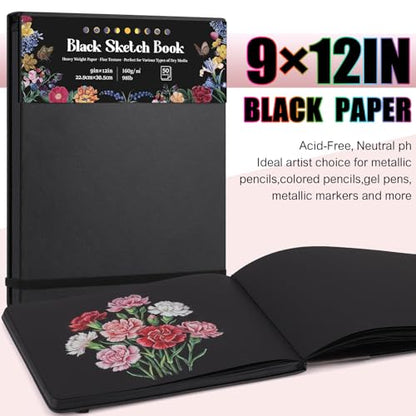 160 GSM Black Paper Sketchbook 9 × 12 in, 50 Sheets Black Paper Notebook - size: 9×12 Inch (1 Pack)