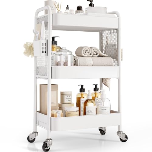 TOOLF 3 Tier Rolling Cart, Metal Utility Storage Cart with Pegboard, White - color: White, size: 3-Tier