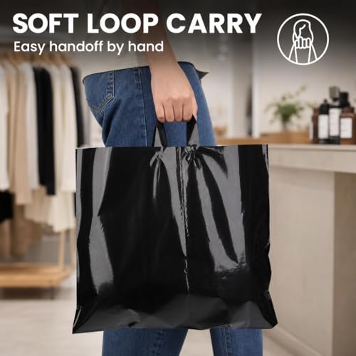 19x15 Large Plastic Shopping Bags for Small Business with Handles - color: Black