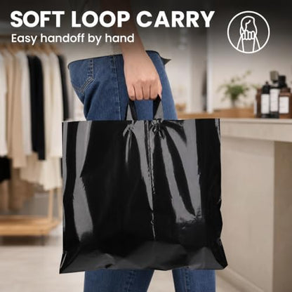 19x15 Large Plastic Shopping Bags for Small Business with Handles - color: Black