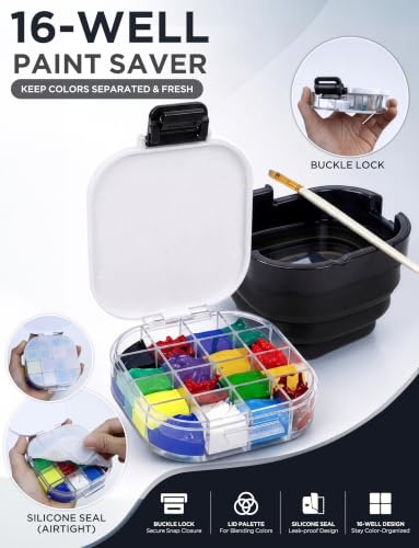 16-Well Airtight Empty Palette Box with Lid & Foldable Water Cup, Black - color: Black