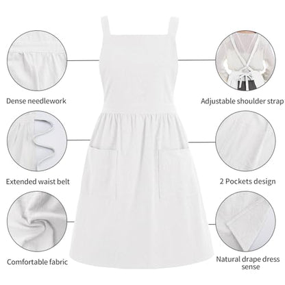 Pinknoke Cute Cotton Pinafore Aprons for Women with Pockets for Kitchen - color: White