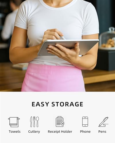 Argstar 2 Pack Server Apron with 4 Pockets, Waitress Waiter Waist WaterDrop Resistant Short Aprons - color: Pink