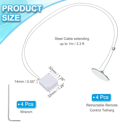 PATIKIL 3.3 Ft Retractable Remote Control Tether, 4 Pcs Square Security Cable Lanyard Lock with Adjustable Clasp Adhesive for TV Remote Control Controller, White(Round Iron Cap) - color: White