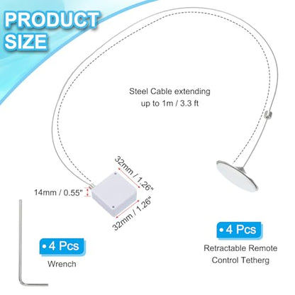 PATIKIL 3.3 Ft Retractable Remote Control Tether, 4 Pcs Square Security Cable Lanyard Lock with Adjustable Clasp Adhesive for TV Remote Control Controller, White(Round Iron Cap) - color: White