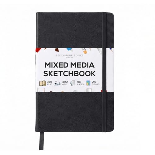 Beechmore Books A5 5.8x8.3 Mixed Media Sketchbook 300 GSM/140LBS - color: Charcoal Black, size: A5 - 5" x 8" Medium