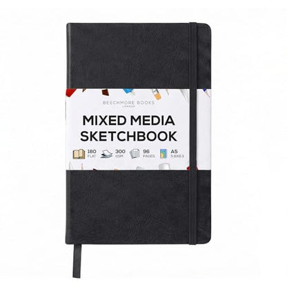 Beechmore Books A5 5.8x8.3 Mixed Media Sketchbook 300 GSM/140LBS - color: Charcoal Black, size: A5 - 5" x 8" Medium