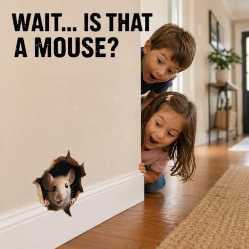 GRITKULTURE Removable Peek A Boo Mouse in Mouse Hole Decal Sticker 5.1inch 2 Pack. Mouse Hole in the Wall Sticker with 3D Effect. Wall Decoration, Funny Gift, Potty Training, Prank