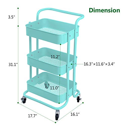 3-Tier Metal Mesh Rolling Cart Storage Organizer with Utility Handle and Wheels, Turquoise - color: A- Turquoise