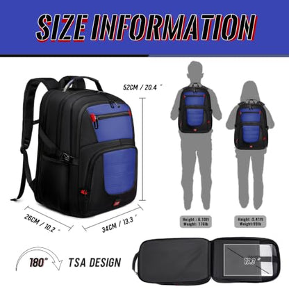 Large Travel Backpack, 17.3" Laptop Backpack, Blue - color: Blue, size: 17.3 Inch（20.4"x13.3"x10.2"）