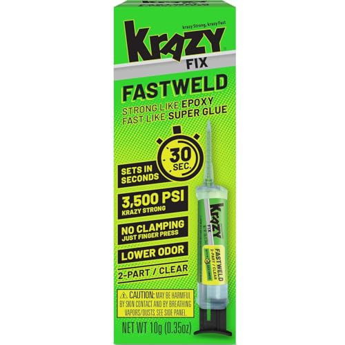 Krazy Fix Fast Weld, 2 Part Clear Glue, Permanent Bond Sets in 30 Seconds, Strong Like Epoxy Fast Like Super Glue, Low Odor Clear Adhesive Liquid, 0.35 oz Syringe