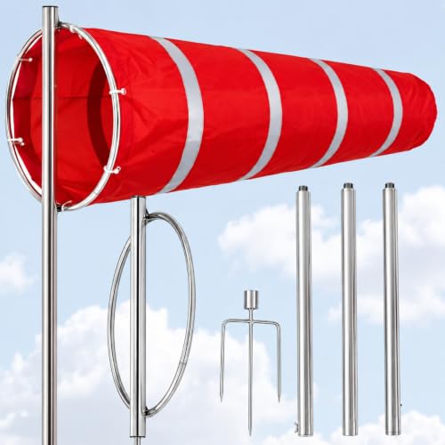 Leinuosen 8" x 60" Airport Windsock Kit Heavy Duty Aviation Grade Wind Sock Pole Kit with Swivel, Detachable Pole and Ground Stake, Assembly Height 10 ft for Aviation Industrial Agricultural Outdoor