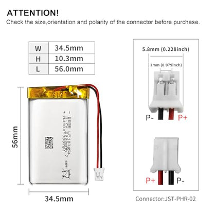 EEMB 3.7V 103454 2000mAh Lipo Battery Rechargeable JST2.0 Connector 1-Pack - size: 1(Reverse)