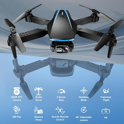 Oddire Drone with Camera - Drones for Adults, with 2 Batteries, Carrying Case, Propellers, 1080P HD Foldable Drone with Stable Hover, Trajectory Flight, Gravity Control, One Key Take Off/Land, 3D Flip - color: Blue