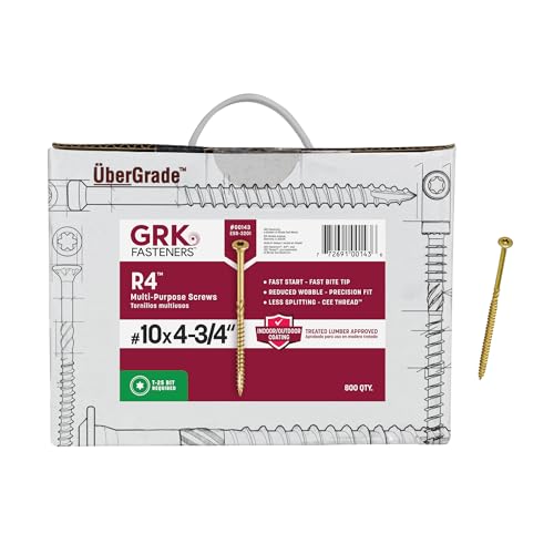GRK Fasteners R4 #10 x 4-3/4 Inch, Multi-Purpose Framing Screws, 800 PCS, Rust Resistant Climatek Coating, Outdoor Fencing and Deck Screws, Fast Bite Tip, Star Drive Recess, Gold - size: #10 x 4-3/4" 800 count