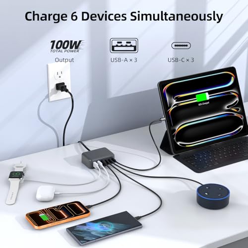 100W 6 in 1 USB Charger, 50% Smaller Charging Station for Multiple Devices - color: F-Grey