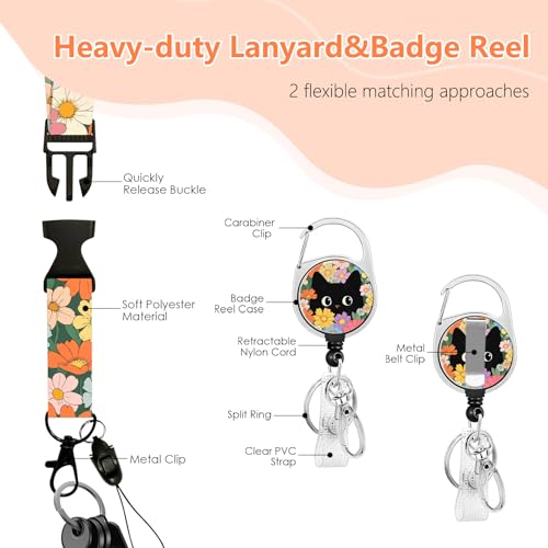 Black Cat Flower Lanyards for Badges, Cute ID Badge Holder - color: Cat Flower