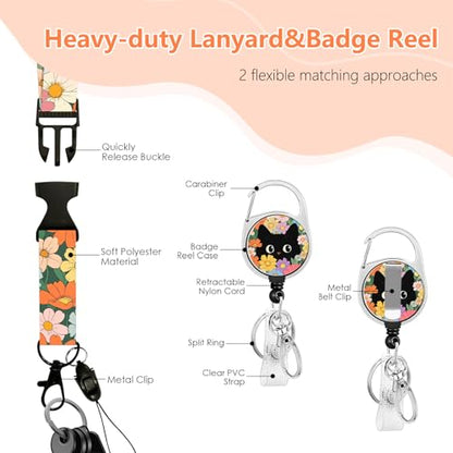 Black Cat Flower Lanyards for Badges, Cute ID Badge Holder - color: Cat Flower