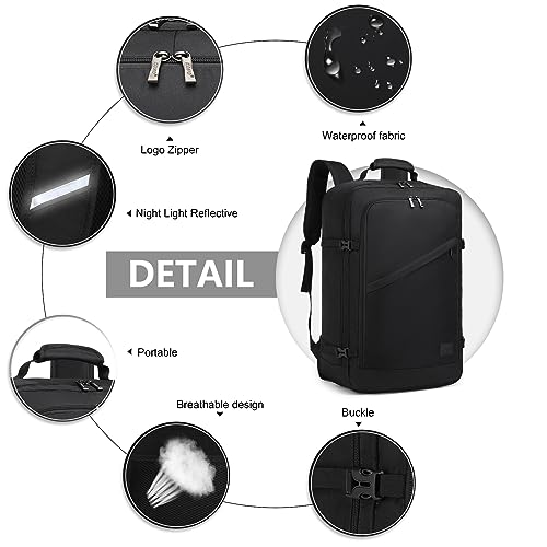 Kono Travel Backpack Airline Approved Overhead Bin Personal Item Bag - color: Black, size: Large
