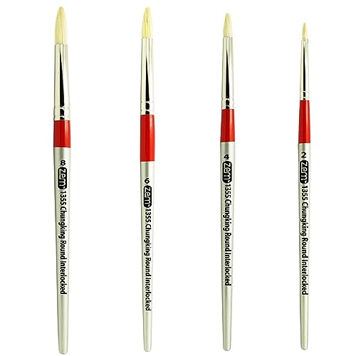 ZEM Brush Chungking Deluxe White Hog Bristle Interlocked Round Artist Brush Set Sizes 2,4,6,8