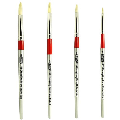 ZEM Brush Chungking Deluxe White Hog Bristle Interlocked Round Artist Brush Set Sizes 2,4,6,8