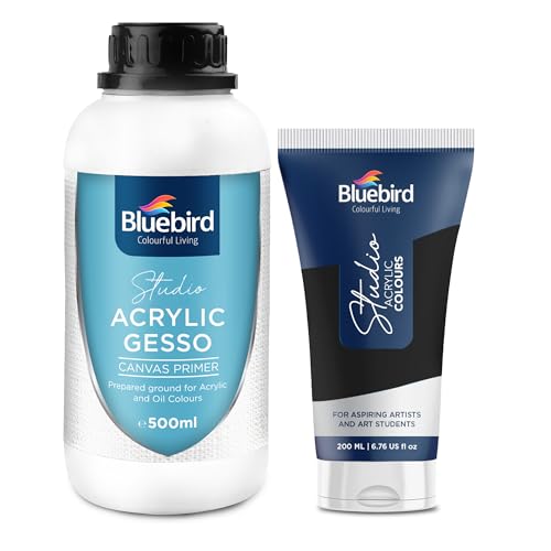 BLUEBIRD Studio Acrylic Gesso - 17 Fl Oz / 500ML + Studio Acrylic Paint Tube - Black 6.76 Fl Oz / 200ML