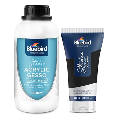 BLUEBIRD Studio Acrylic Gesso - 17 Fl Oz / 500ML + Studio Acrylic Paint Tube - Black 6.76 Fl Oz / 200ML