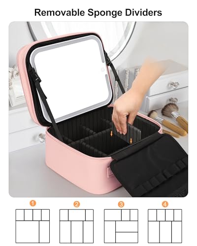 Relavel Makeup Bag with LED Mirror, Small Travel Makeup Case, Pink - color: 01-Pink, size: 1-Small(2 Layers)