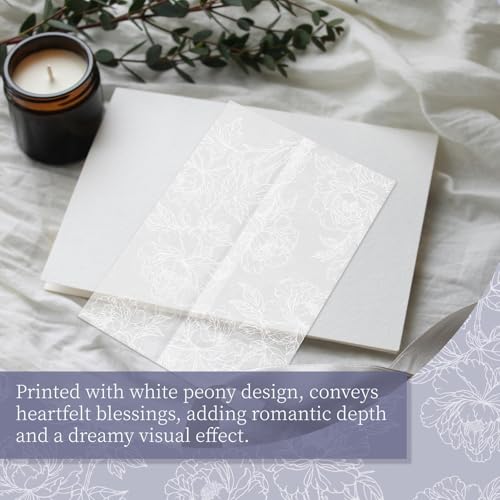Goefun 50 Pack Pre-Folded Floral Vellum Paper 5x7 with White Flower Pattern - color: pattern-white peony, size: 5x7-50pcs