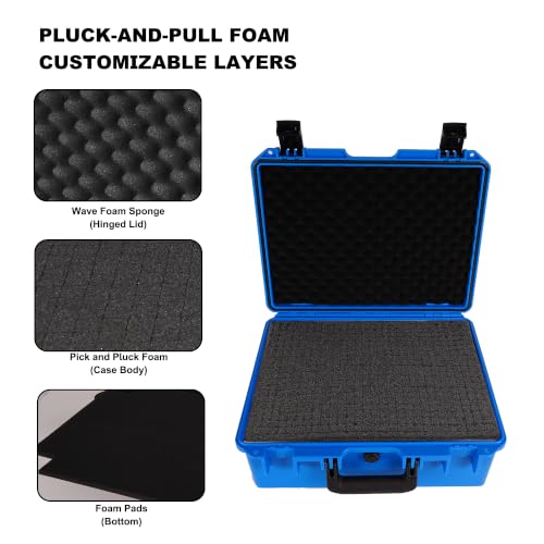 Waterproof Camera Hard Case, Shockproof & Dustproof with Custom Foam, Lockable Box for Drone, DSLR, Laptop, Tools 16.14"x13.19"x6.89" Blue