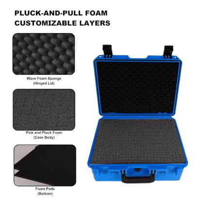 Waterproof Camera Hard Case, Shockproof & Dustproof with Custom Foam, Lockable Box for Drone, DSLR, Laptop, Tools 16.14"x13.19"x6.89" Blue