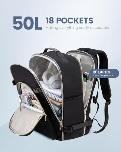 LOVEVOOK 50L Travel Backpack Flight Approved Carry on Backpack,3 Packing Cubes,Waterproof Personal Item Travel Bag,TSA Carry on Luggage Suitcase Travel Essentials,Gifts for Women & Men,fits 18" Laptop - color: Black-grey, size: X-Large-50L-4Pcs(Standard)