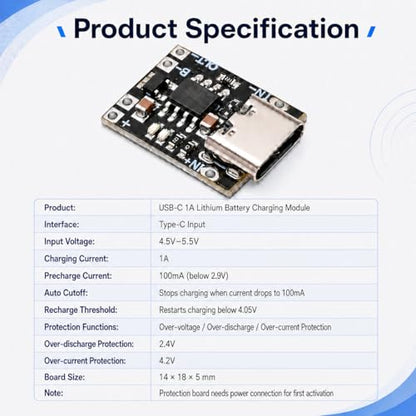 6PCS TP4057 1A 3.7V Li-ion Charger Board Type-C CC/CV 18650