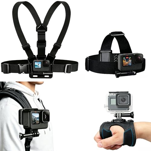 Accessories Kit for Action Camera, Chest Strap Harness + Head Strap Mount + 360° Rotating Hand Strap Mount and Backpack Clip Holder, 4 in 1 Universal Adjustable Sport Camera Accessories Kit