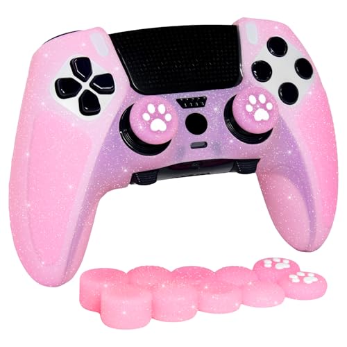 Pink Glitter Anti-Slip Protective Silicone Cover Skin Grips Compatible with ps5 dualsense Edge Controller,8 PCS Glitter Thumb Grips Caps and 2 Grips Caps. - color: Glitter Pink