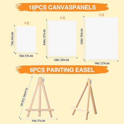Maitys 24 Pack Painting Kits 18 Canvas Boards with 6 Wooden Easel 3 Size