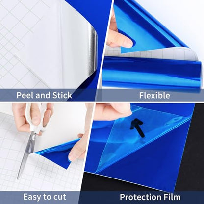 WESTICK Blue Mirror Film Wallpaper Peel and Stick Mirror Stickers for Wall - color: 3.Blue