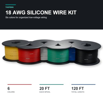 TUOFENG 18awg Silicone Wire, 6 Colors, 20ft Each - size: 18 AWG Stranded 6 Colors 20 ft