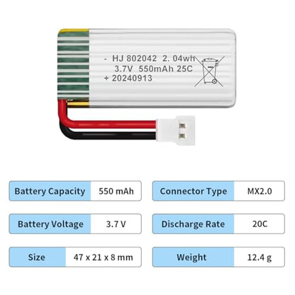 2Pcs 3.7V 550mAh Lipo Battery for RC Toy & Model (MX2.0) - size: 550mAh-MX2.0
