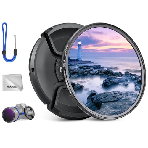 NEEWER 55mm Variable ND Filter with Lens Cap, Cleaning Cloth, ND2-32 (1-5 Stops) Precise Neutral Density Adjustment, Multicoated Optical Glass, Camera Photography Accessories - size: 55mm, style: ND2-ND32