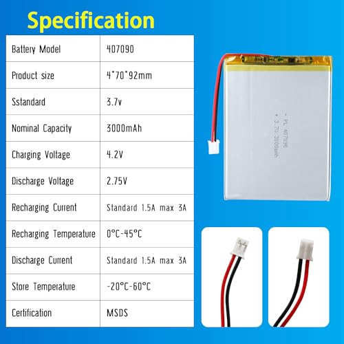 407090 3.7V Lipo Battery 3000mAh 407090 Rechargeable Lithium - size: 407090 3000mAh