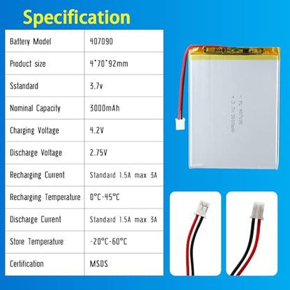 407090 3.7V Lipo Battery 3000mAh 407090 Rechargeable Lithium - size: 407090 3000mAh