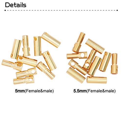 40PCS 5mm 5.5mm 6mm 6.5mm Gold Banana Bullet Connectors for RC ESC Wiring