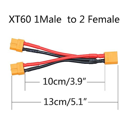 Short XT60 Parallel Battery Connector Cable 3.9", Y Splitter Adapter Plug - size: XT60 1 Male to 2 Female - 2Pcs