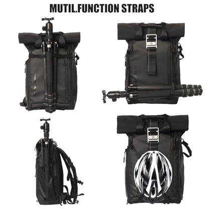 Besnfoto Waterproof Camera Backpack Rolltop Laptop Bag for DSLR Mirrorless - color: Black Ii
