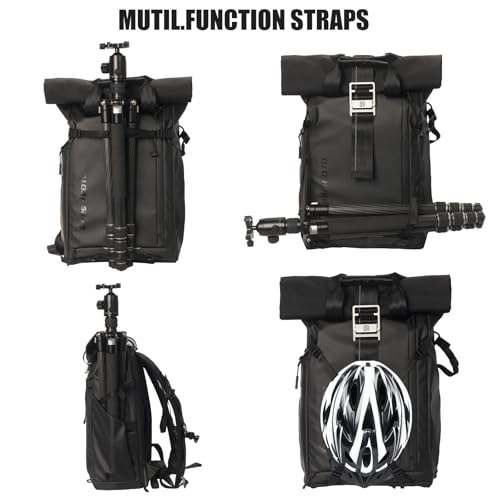 Besnfoto Waterproof Camera Backpack Rolltop Laptop Bag for DSLR Mirrorless - color: Black Ii